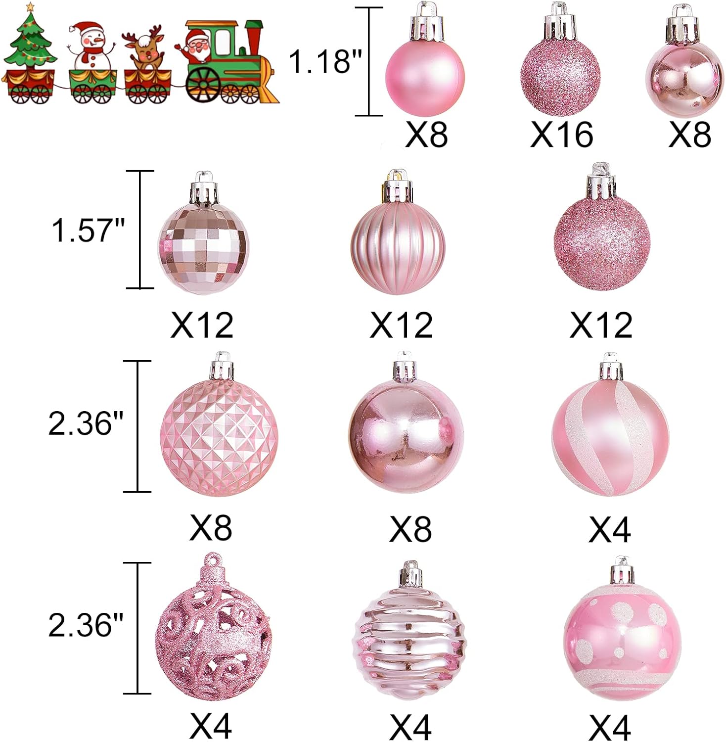 100PCS Christmas Ball Ornaments, Assorted Shatterproof Christmas Tree Decorations, Seasonal Decorative Hanging Baubles Decor Set for Xmas/Holiday/Party, Glitter&Painting Ornament Set (Pink)