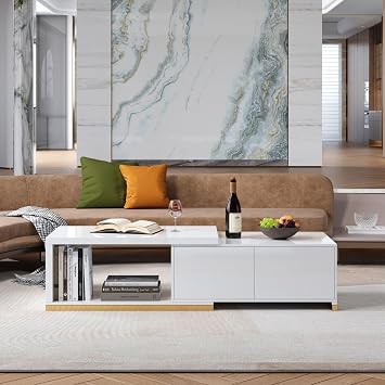 KunMai Coffee Table with Storage, 70.9 Modern White Coffee Table Retracted & Extendable with 2-Drawer, Rectangle Coffee Table for Living Room