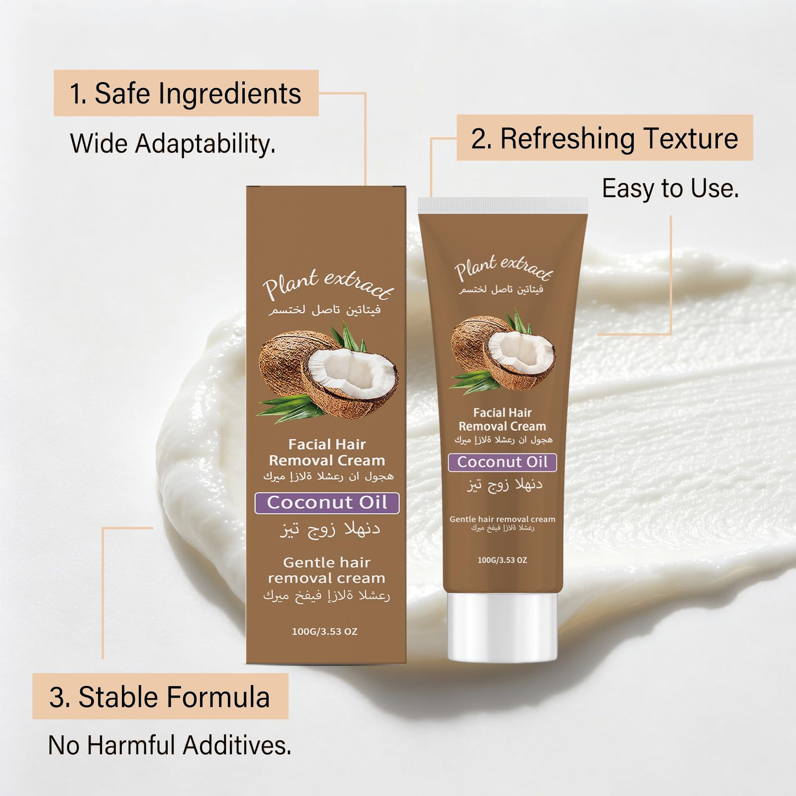 Crema depilatoria viso con olio di cocco ed estratti vegetali, morbida ed efficace, per labbro superiore, mento e guance, pelli sensibili, idratante, crema depilatoria per il viso (6 pezzi)