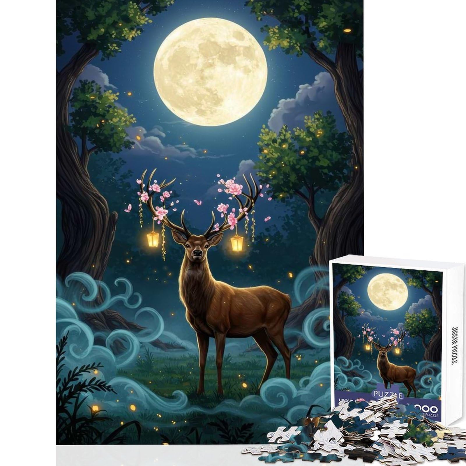 Magical Deer in Moonlight Forest Adult Jigsaw Puzzles 1000 Pieces Brain Fun Training Firm Fit Secure Assembly Family Fun Night Activity 50x75cm