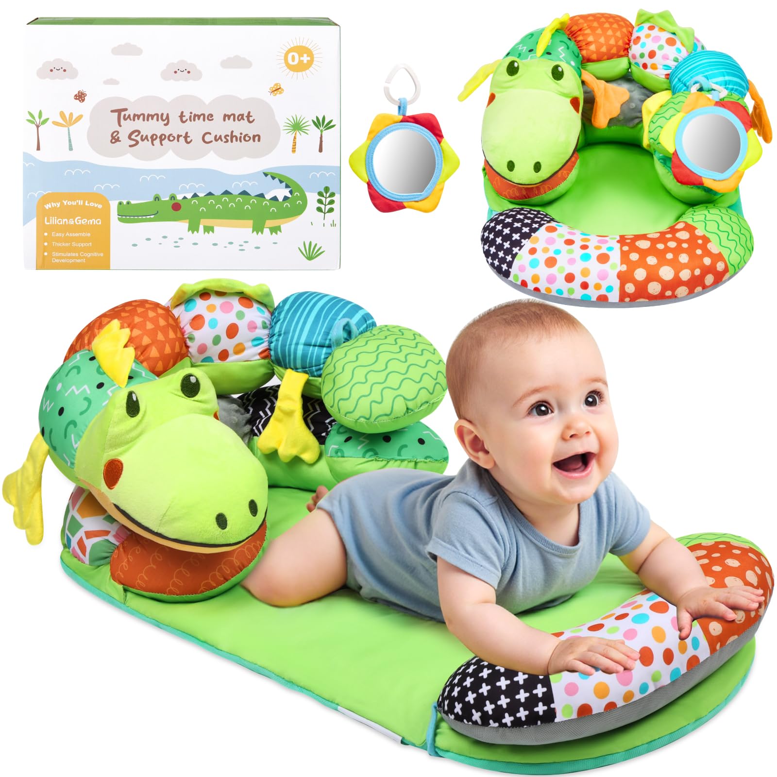 Lilian&Gema 2-in-1 Baby Tummy Time Mat & Support Pillow for Newborns and Babies, Adorable Alligator Design with Detachable Tummy Time Pillow, Soft Tummy Time Mat for Neck & Muscle Development