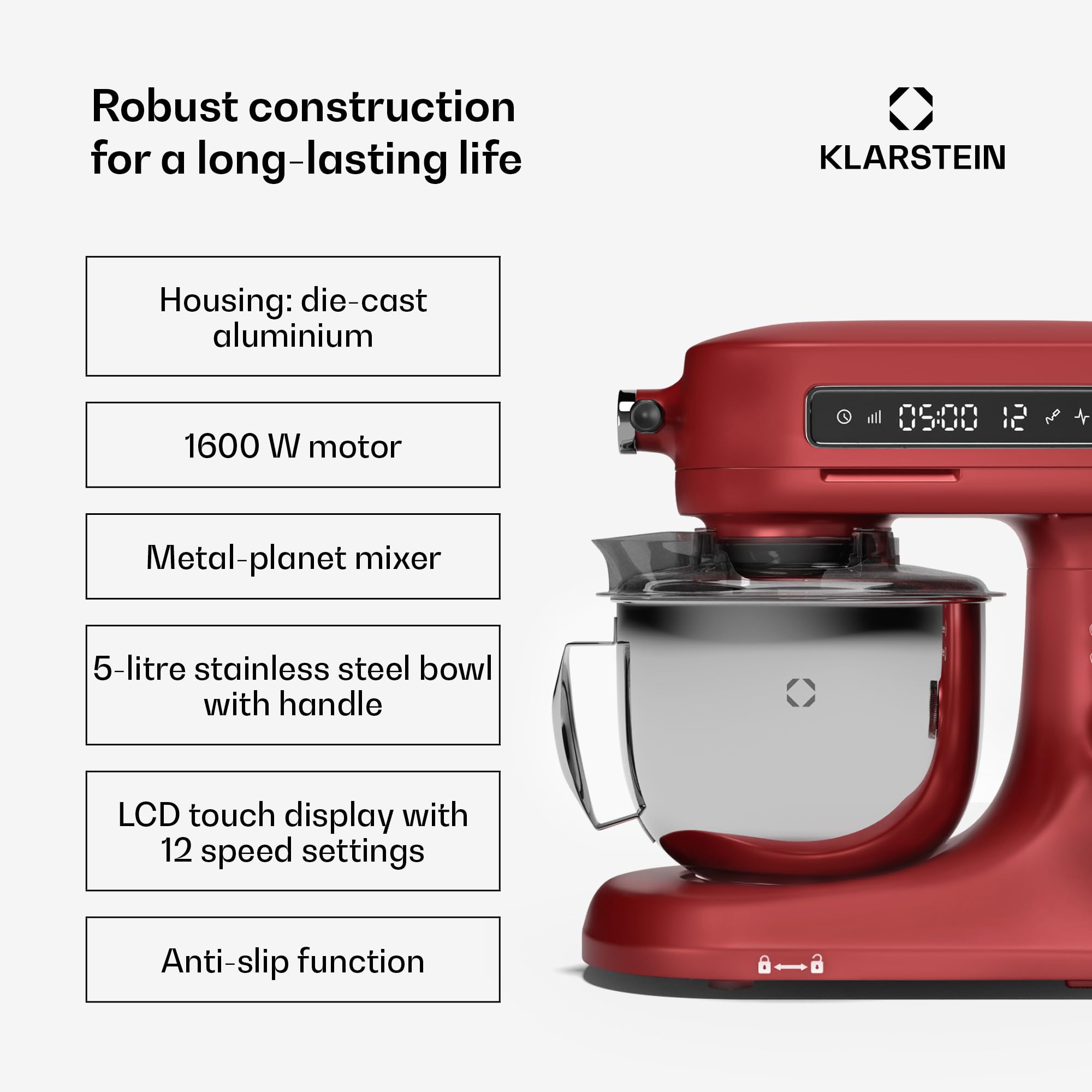 Klarstein Chiara 1600W Robot kuchenny – Misa ze stali 5L, 12 prędkości, Wyświetlacz dotykowy LCD, Cichy ≤72 dB, Zestaw cukierniczy do zmywarki, Obudowa z odlewu aluminiowego, Czerwony