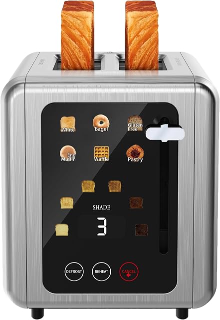 Grille-pain à écran tactile 2 tranches, grille-pain numérique en acier inoxydable avec fonction sonore, 6 types de pain et 6 réglages de brunissage, grille-pain intelligent à fentes extra larges avec fonction bagel et décongélation, gris