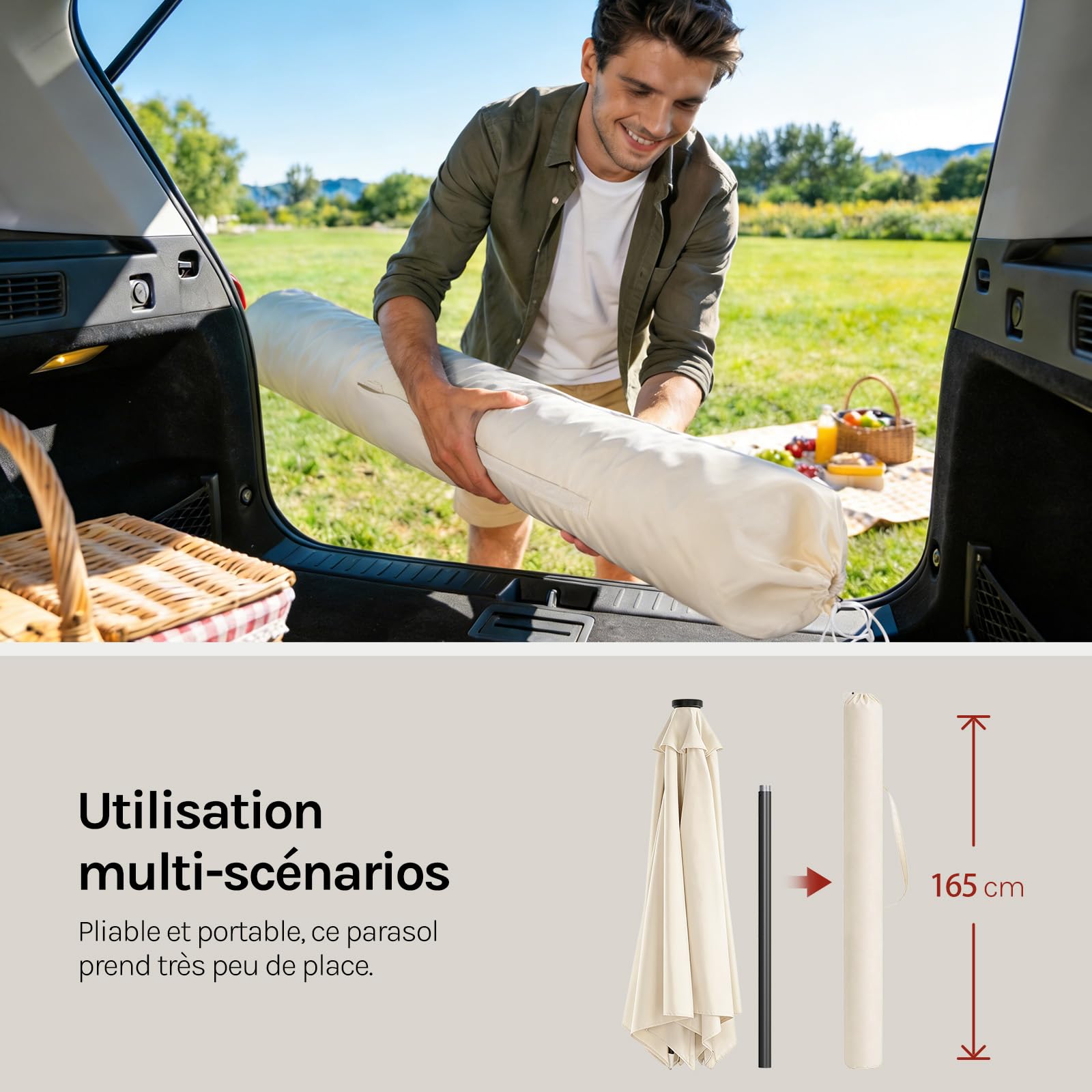 WOLTU Parasol de Jardin Extérieur, Parasol Droit Inclinable avec LED Solaire, Ø 3cm, avec Manivelle, Inclinaison Réglable, Protection UV 50+, pour Balcon ou Terrasse