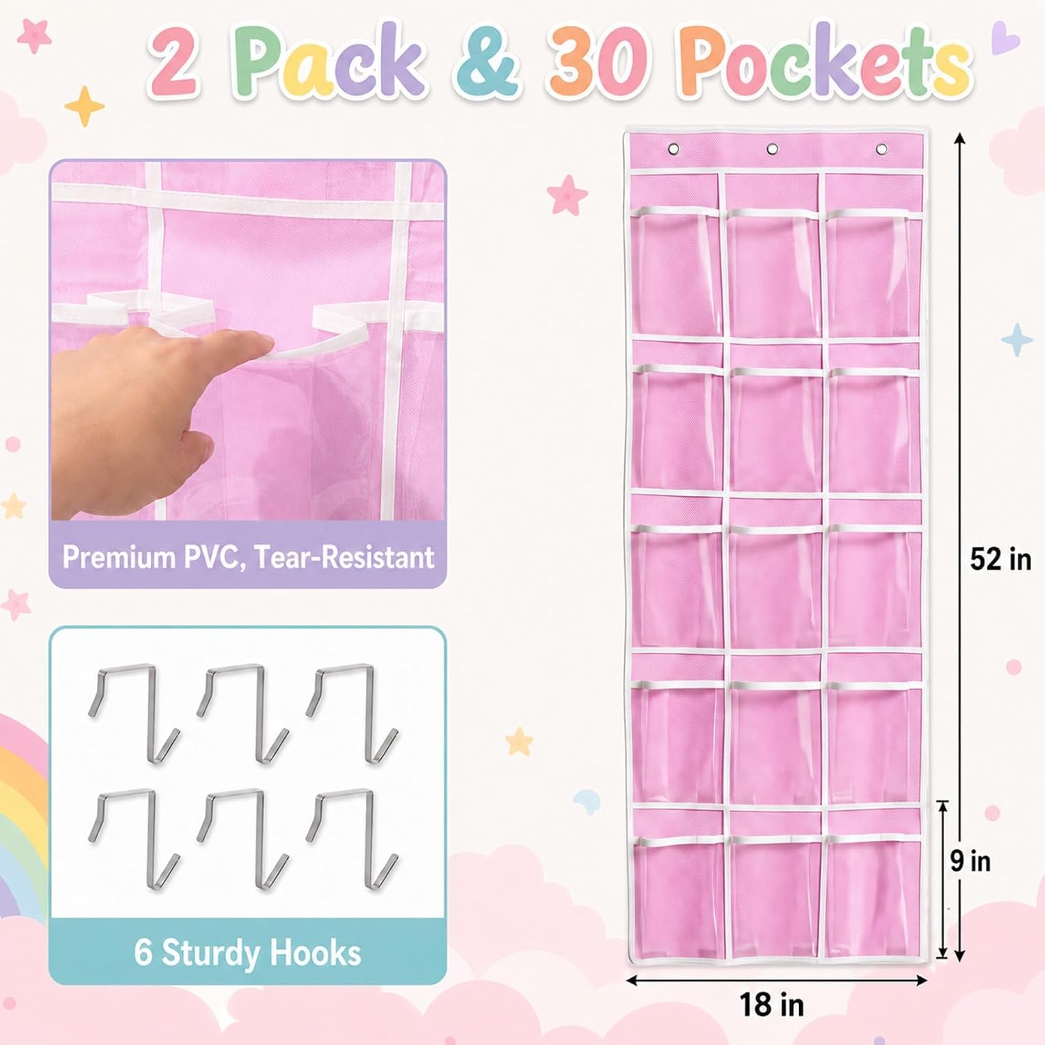 2 Pack Classroom Headphone Storage Organizer 30 Pockets PVC Clear Organizer Holder for Headphone Cell Phone Over The Door Hanging Bag with Pastel Number Stickers for Library, School and Office