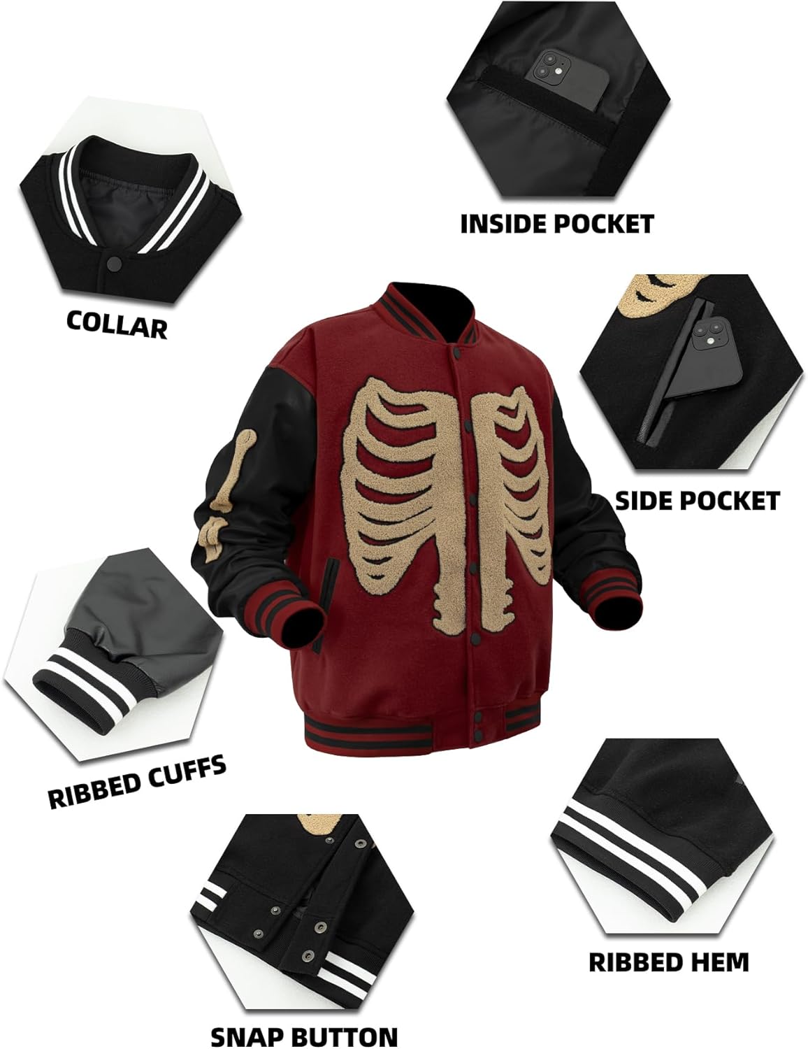 Men's Varsity Baseball Jacket with Skeleton Pattern Leather Sleeves Rock Gothic style for Daily Wear or Club