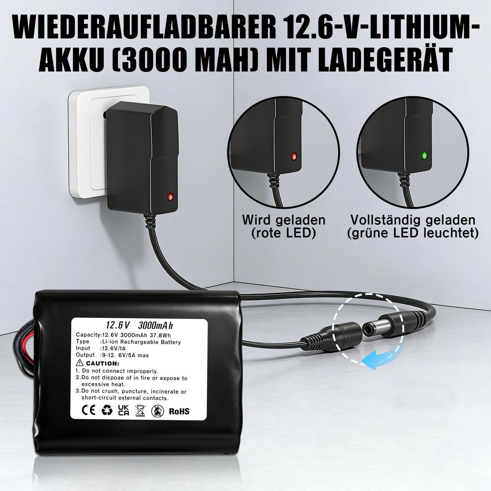 12.6V 3000mAh Lithium-ionen Akku, Wiederaufladbarer Akku mit Ladegerät und 2 Verbindungskabeln für Solar Panel, Radio, Kameras, Camcorder, DIY Leselampe, Teleskop, Sonar