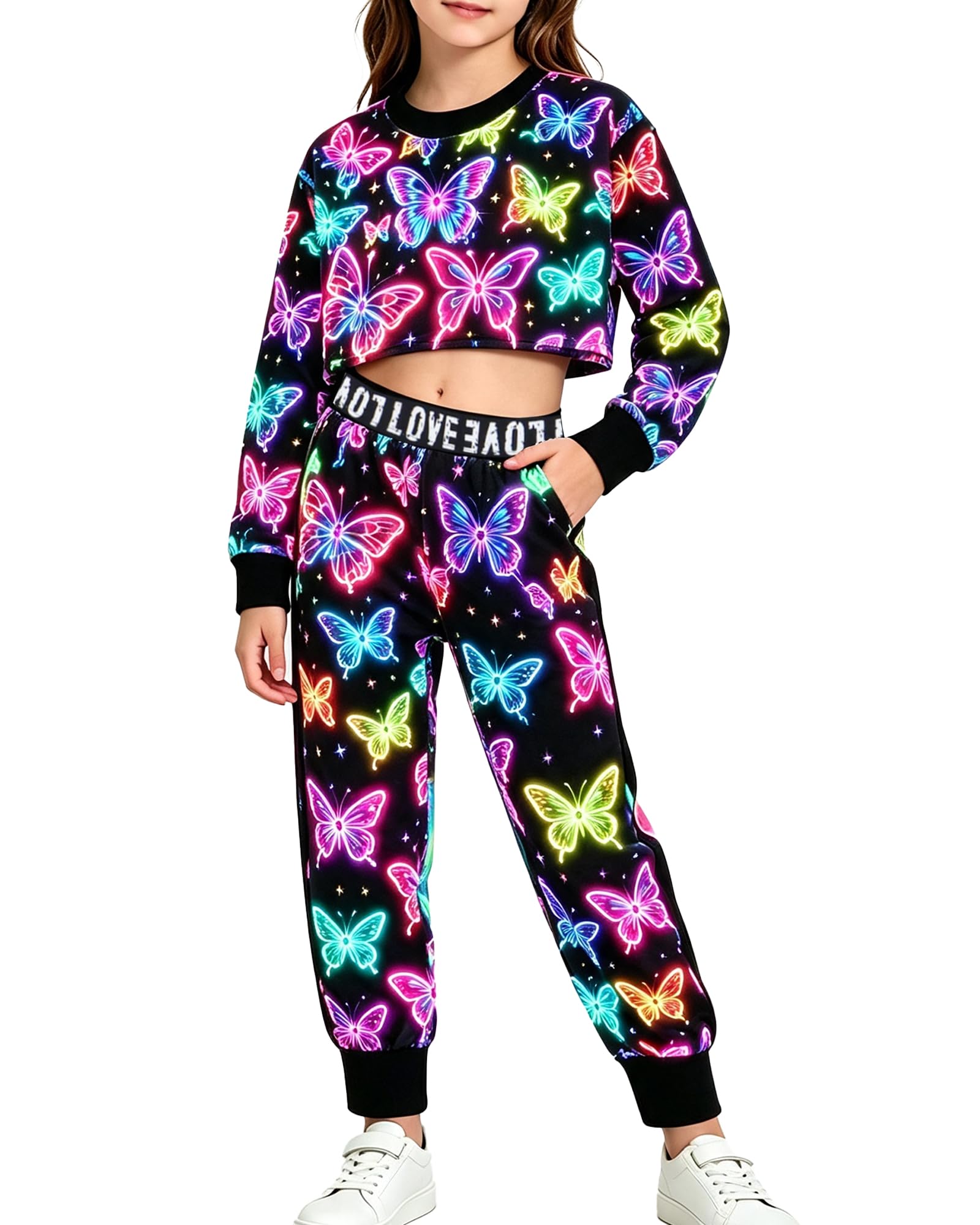 Betusline Girls Sweatsuit, Long Sleeve Crop Top Jogger Pants, 4T-14Y