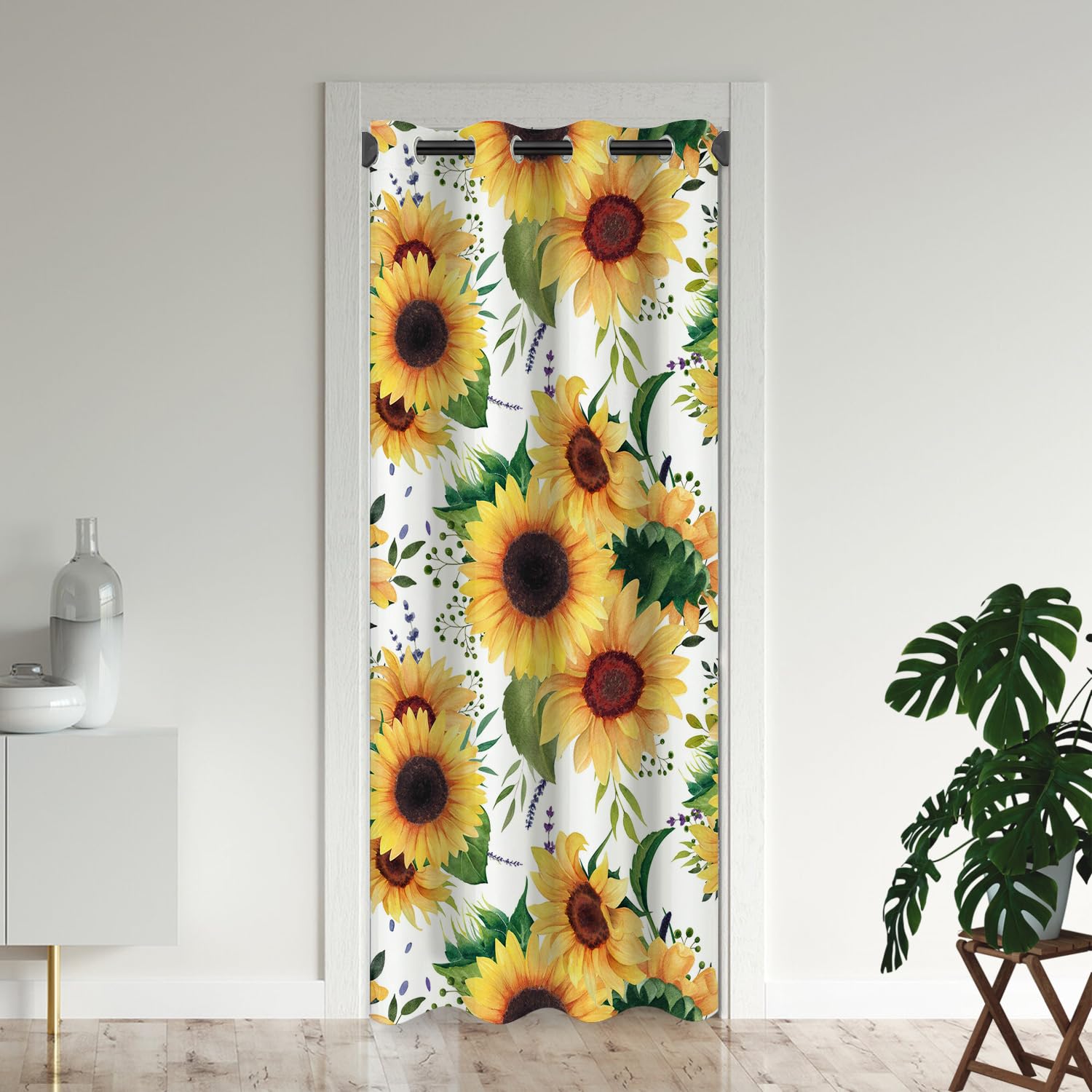 Sunflower Door Curtains for Doorways, Rustic Summer Hand Drawn Floral Yellow Blackout Curtain for Kids Bedroom Closet, Grommet Thermal Insulated Privacy Door Drapes for Room Divider, 34