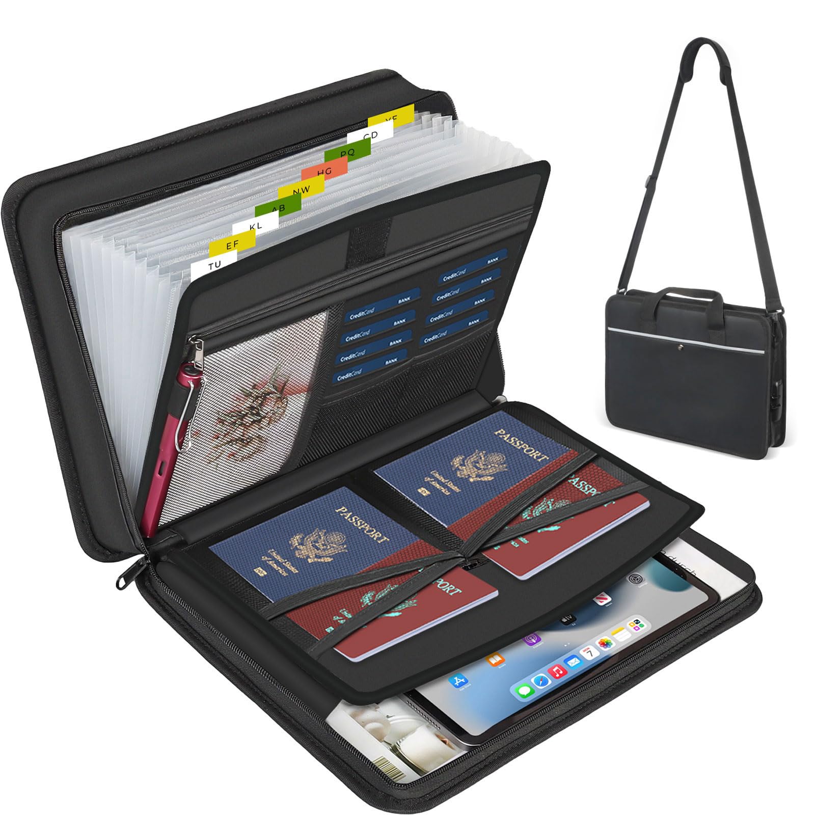 XIAODUN Accordion File Organizer with Lock and Shoulder Straps,Fireproof Waterproof Document Organizer Folder with Handle, Portable Large Capacity