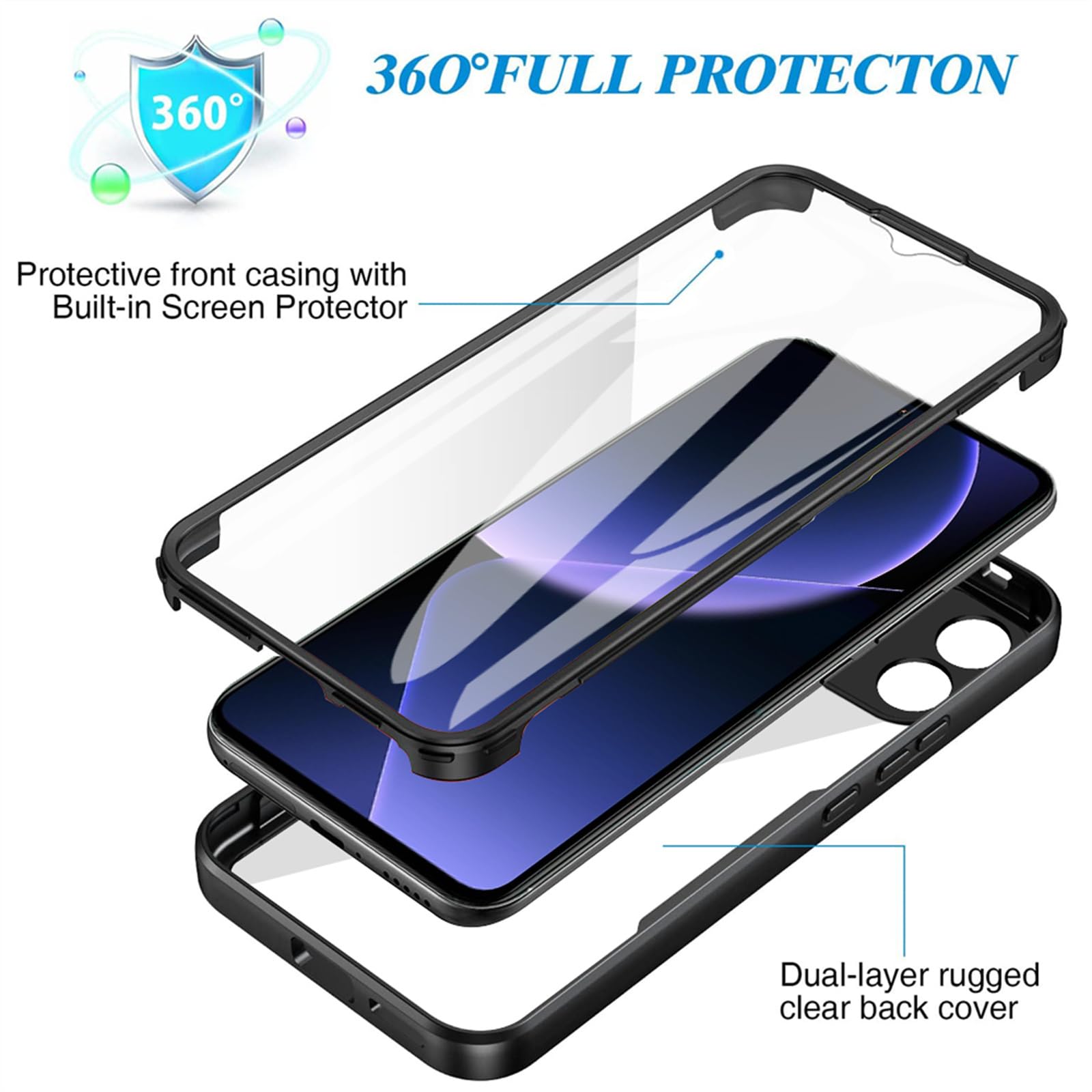 Ephoou Clear Case For Xiaomi Redmi Note 14 5G, Full-Body Shockproof Cover With Built-in Screen Protector, Dual-Layer Slim Fit, Transparent Protective Case For Xiaomi Redmi Note 14 QB-Black