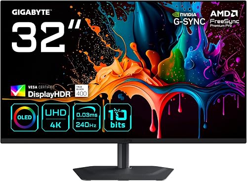 GIGABYTE MO32U2 Moniteur Gaming OLED 32” 4K UHD - 3840 x 2160, 240Hz, 0.03ms, 250 CD/m², G-Sync Compatible, FreeSync Premium Pro, Display HDR True Black 400, HDMI 2.1, DisplayPort 1.4