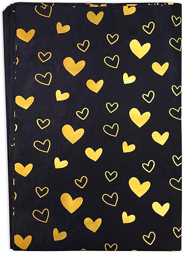 MR FIVE Papel de seda de corazón negro dorado de gran tamaño, 20 x 28 pulgadas, papel de seda con diseño de corazón negro dorado para bolsas de