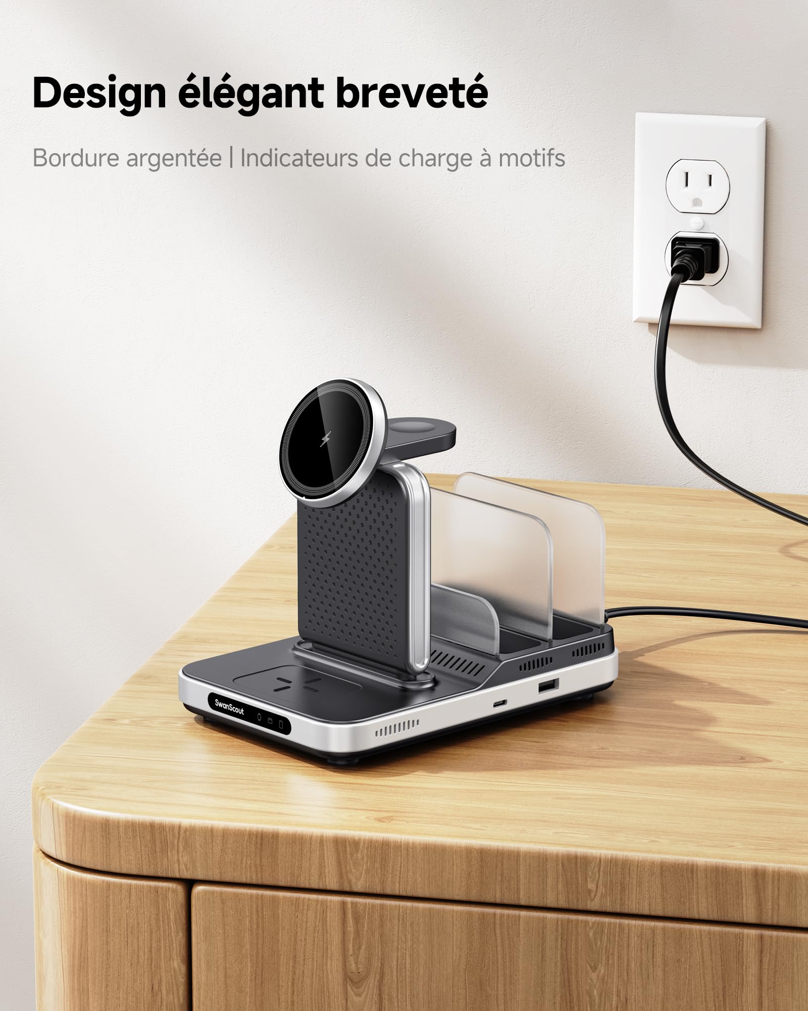 Chargeur Induction 5 en 1 pour iPhone 17, iWatch Ultra 3/11, pour AirPods | Pour iPad/Tablet/Switch, charge rapide 5W montre, protections multiples, refroidissement avancé, SwanScout 901M