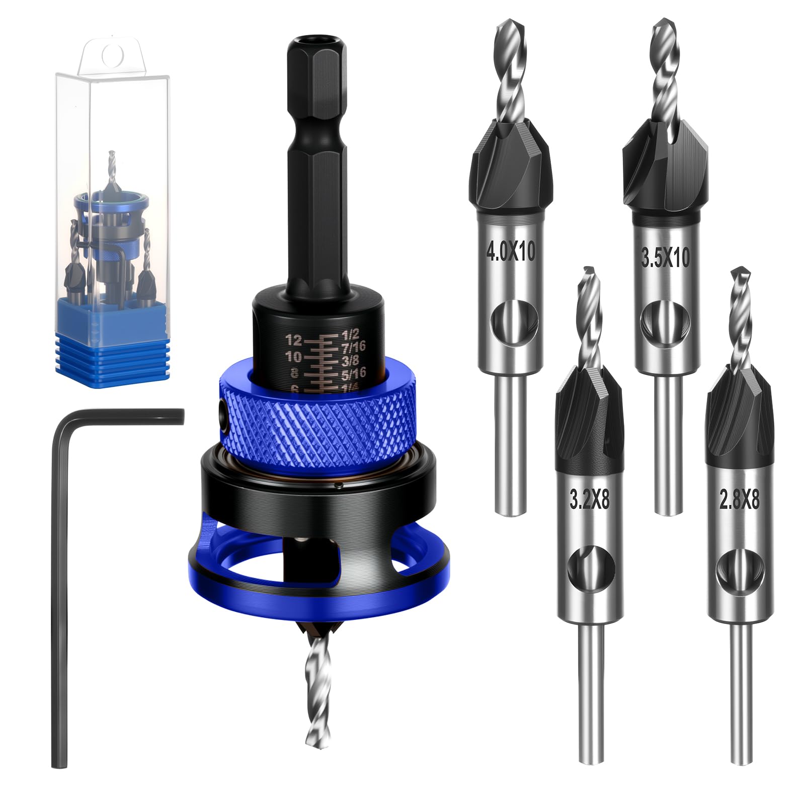 Juego de 6 Broca Avellanadora para Madera con Tope de Profundidad | Diámetro 2.8/3.2/3.5/4 mm,con Llave Hexagonal y Vástago de Broca de 1/4 de Pulgada,para Carpintería y Bricolaje(Azul)