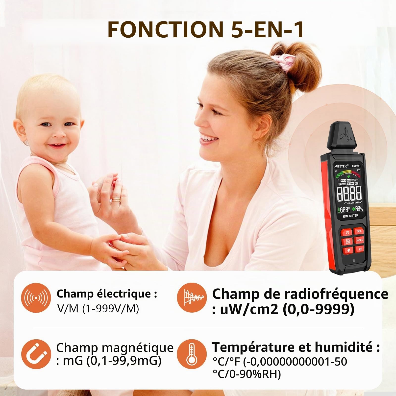 Detecteur EMF MESTEK 5 in1 Test EF/MF/RadioFréquence, Champ Électrique/Magnétique/Haute Fréquence, Détecteur de Rayonnement Électromagnétique Portable Pour Extérieur, Maison,Chasse aux Fantômes