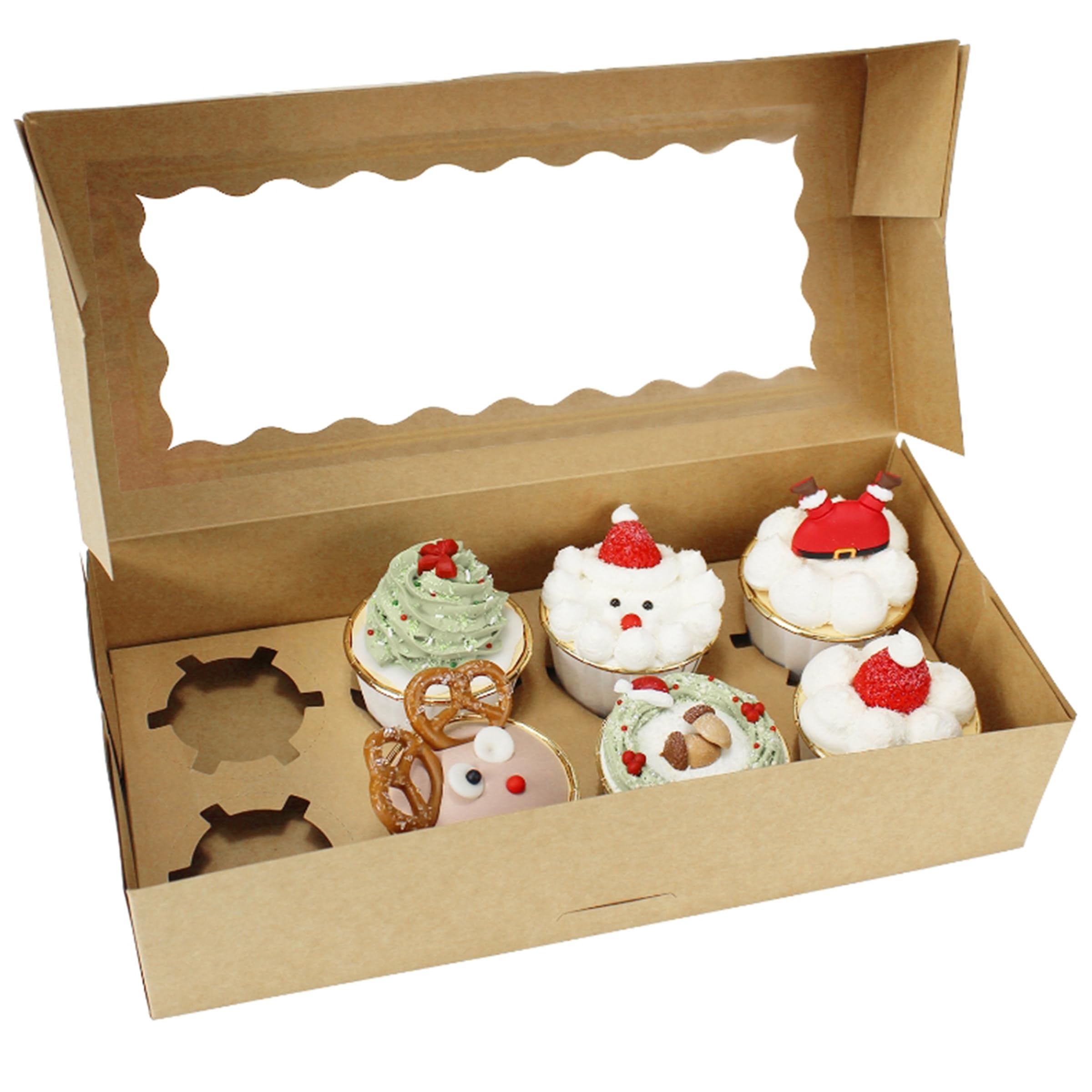 YankMooM 10 Pcs Cupcake Boxes,8 Hole Brown Cupcake Containers Bakery Gift Boxes with Clear Display Window for Wedding Birthday Party Pastry Wrapping Decoration