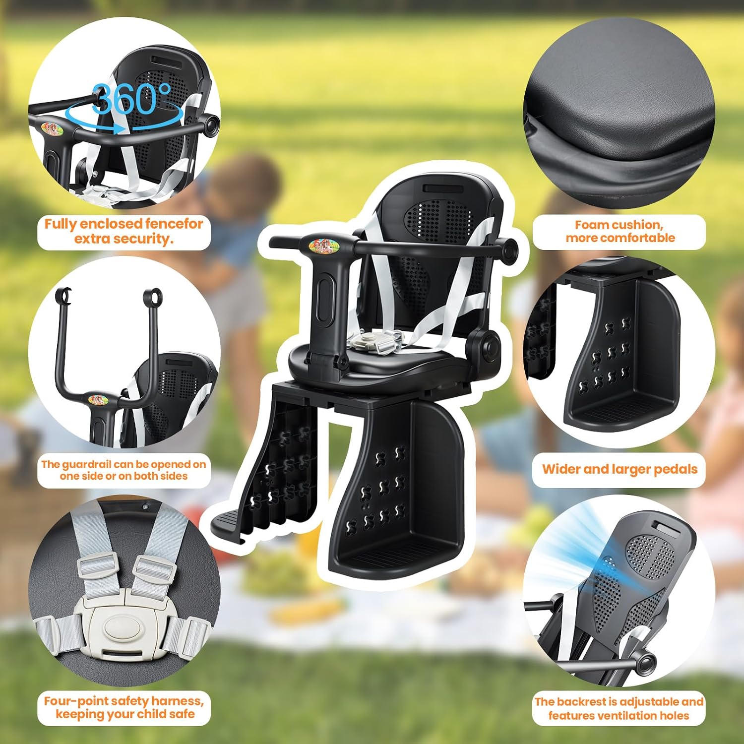 2026 Upgraded Kids Bike Rear Seat, Child Bicycle Seat Adjustable Breathable Backrest Height & 3 Reclining, Rear Wraparound Toddler Bike Seat with Large Footrest Strap