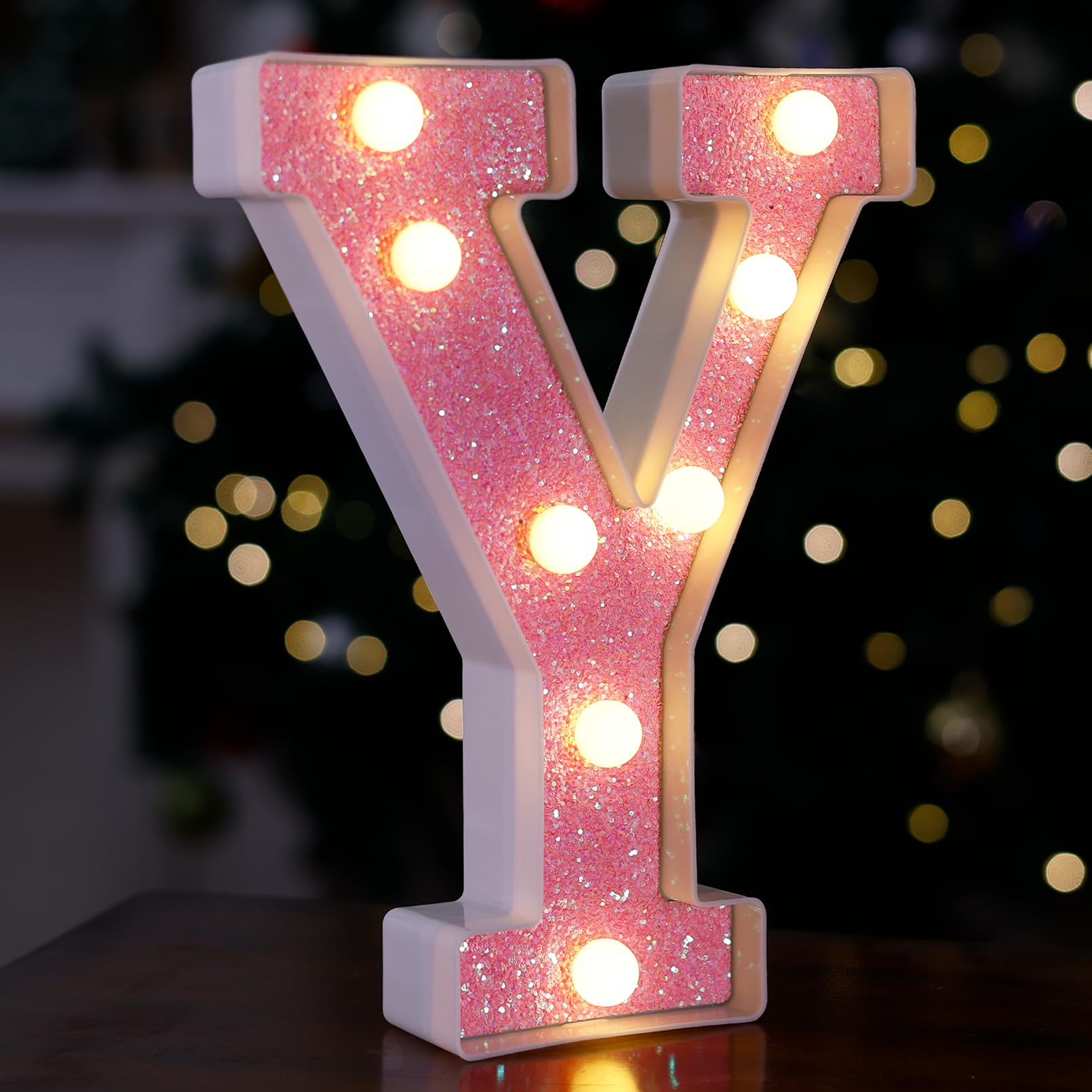 LED Letter Lights Pink Glitter Marquee Letters Light Up Alphabet Letters Sign Battery Powered for Home Party Decoration Night Bar Wedding Birthday Christmas Lamp Girls Gift - Letter Y