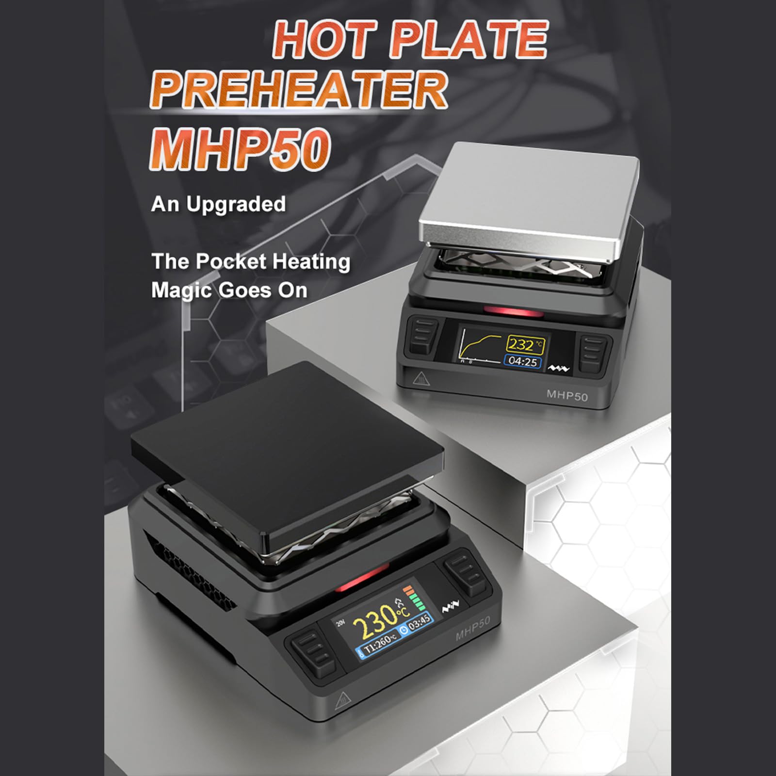 MHP50 - Precalentador de placa caliente pequeña portátil con pantalla LCD para reparaciones de placas de circuito, temperatura controlada por calor