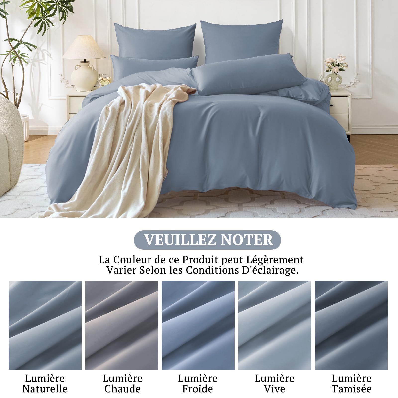 SOULFUL Funda de edredón 220x240 de satén de algodón con 2 fundas de almohada 65x65 cm - Sedoso-Respirable y Fresco - 100% Algodón de fibras largas - Juego de cama de azul acero para 2 personas con