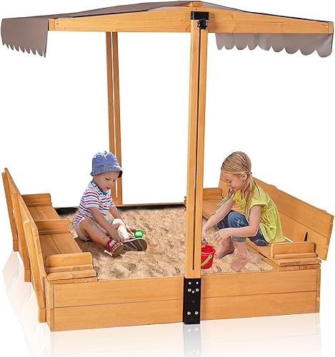 GUTINNEEN Caja de arena de madera con toldo ajustable, caja de arena para niños al aire libre con bancos plegables, forro de arena, techo retráctil,
