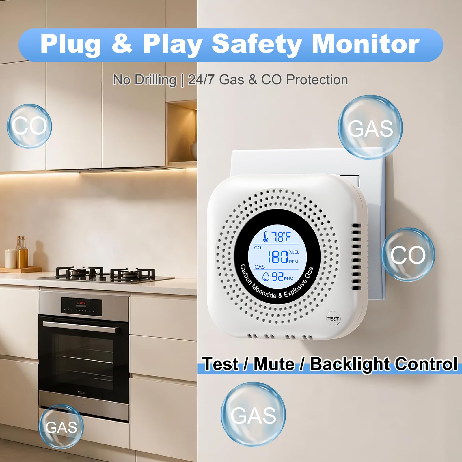 Detector de monóxido de carbono 4 en 1 Plug in - Detector de gas con pantalla de temperatura y humedad - Estándar en 50291 - Alarma 85 DB - Blanco