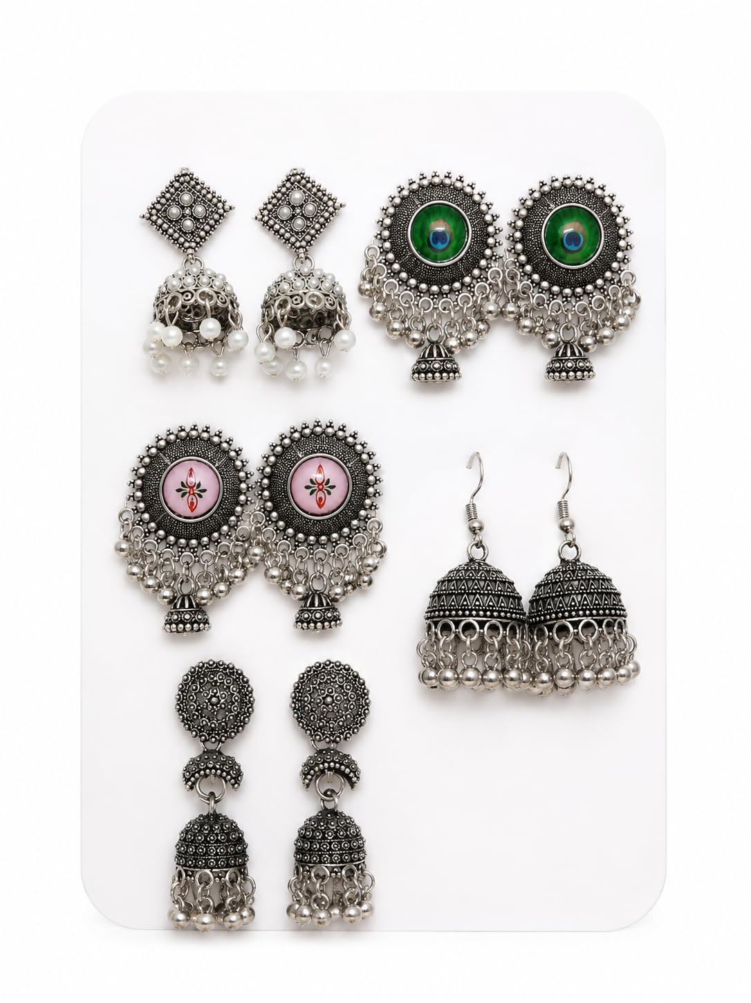 Oxidised Silver Jhumka Earrings Combo Set of 5, Traditional Indian Style, Pearl & Peacock Feather Design-image-39