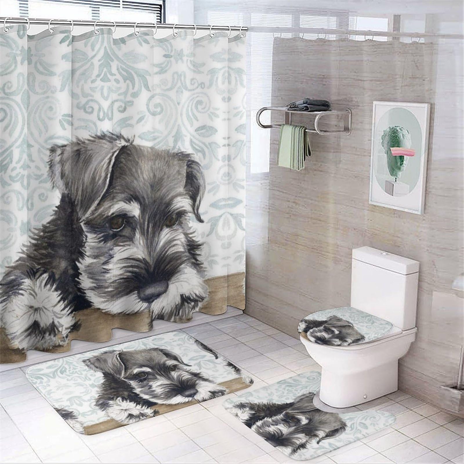 JZemdybill Bathroom Mat Set 4 Piece, Cute Schnauzer Dog Shower Curtain with Non-Slip Bath Mats for Bathroom
