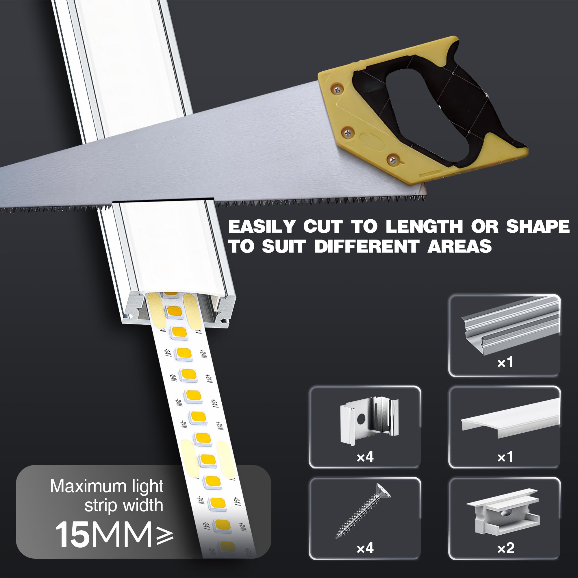 Shine Plus Perfil Aluminio Tira LED, 6 Pack 2m Perfil LED de Aluminio para Led Forma de U, Canal de aluminio Difusor led, con de interior, Tapas finales, Clips de Montaje (FS23, 6 Pack×2 Metros)