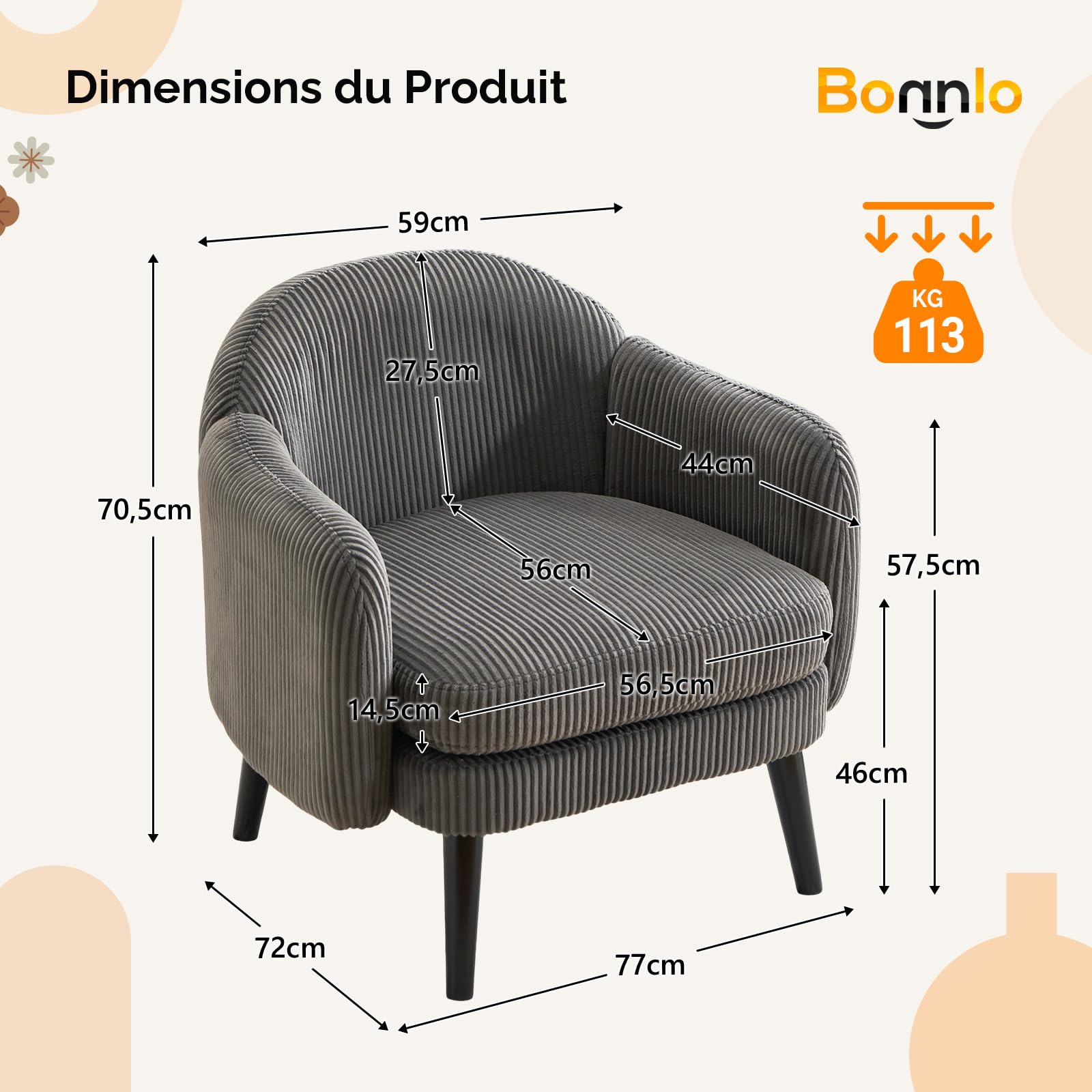 Bonnlo Fauteuil de Salon Moderne avec Accoudoirs, Canapé 1 Place avec Pieds en Bois Massif, Chaise de Bureau Rembourrée et de Forme Ronde, pour Salon, Chambre, Salle, Velours Côtelé, Gris Foncé