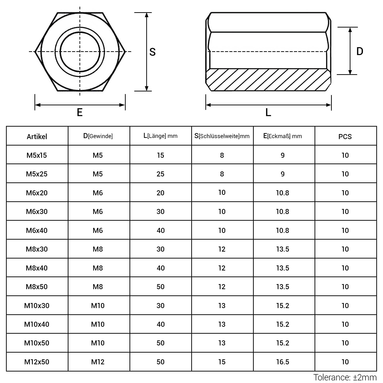 Dado lungo M8 x 50 mm, dadi filettati zincati, in acciaio zincato, esagonali, manicotti distanziali, dado di prolunga per elettrodomestici da ufficio, 10 pezzi
