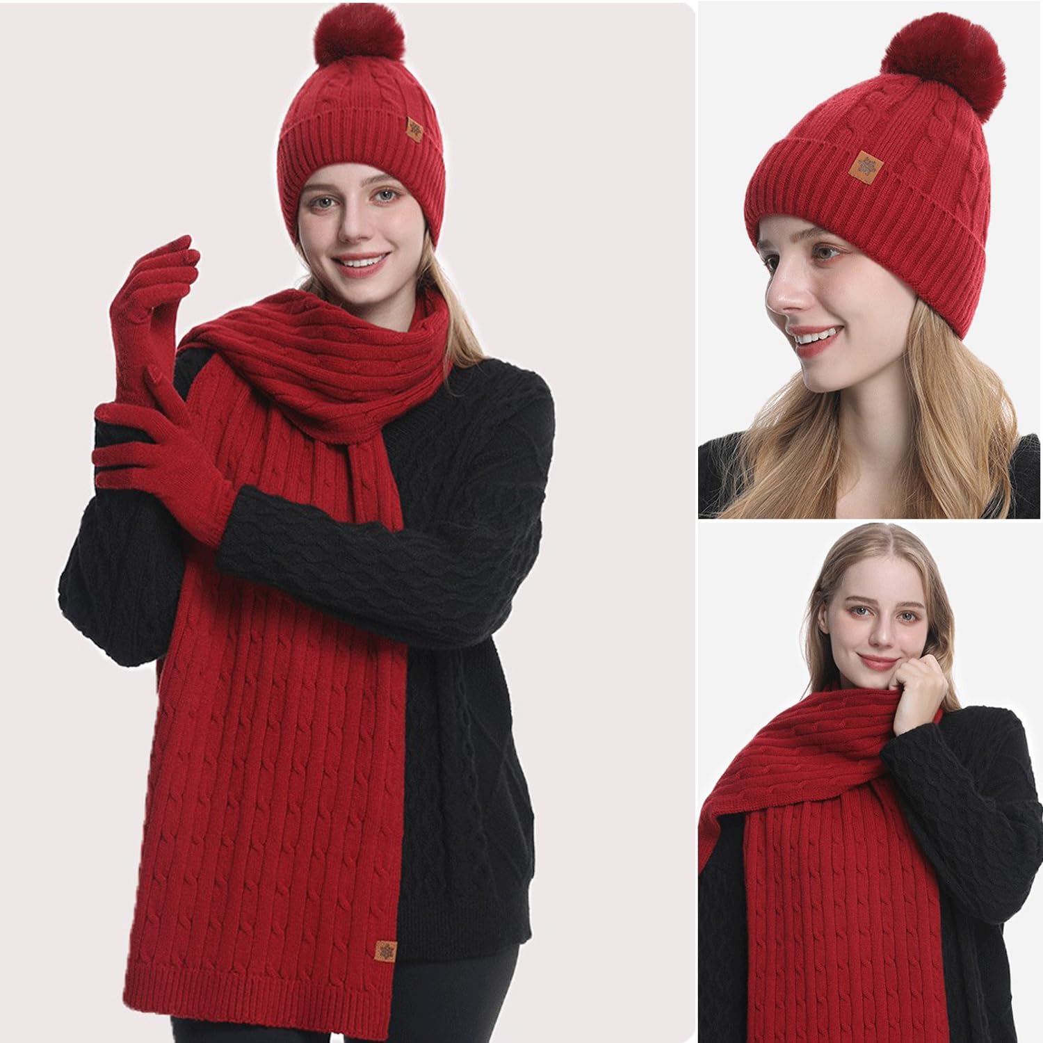 Women's Beanie Hat Scarf Gloves Set Winter Knit Warm Hat, Long Soft Scarf & Touchscreen Gloves for Cold Weather for Outdoor - Image 6