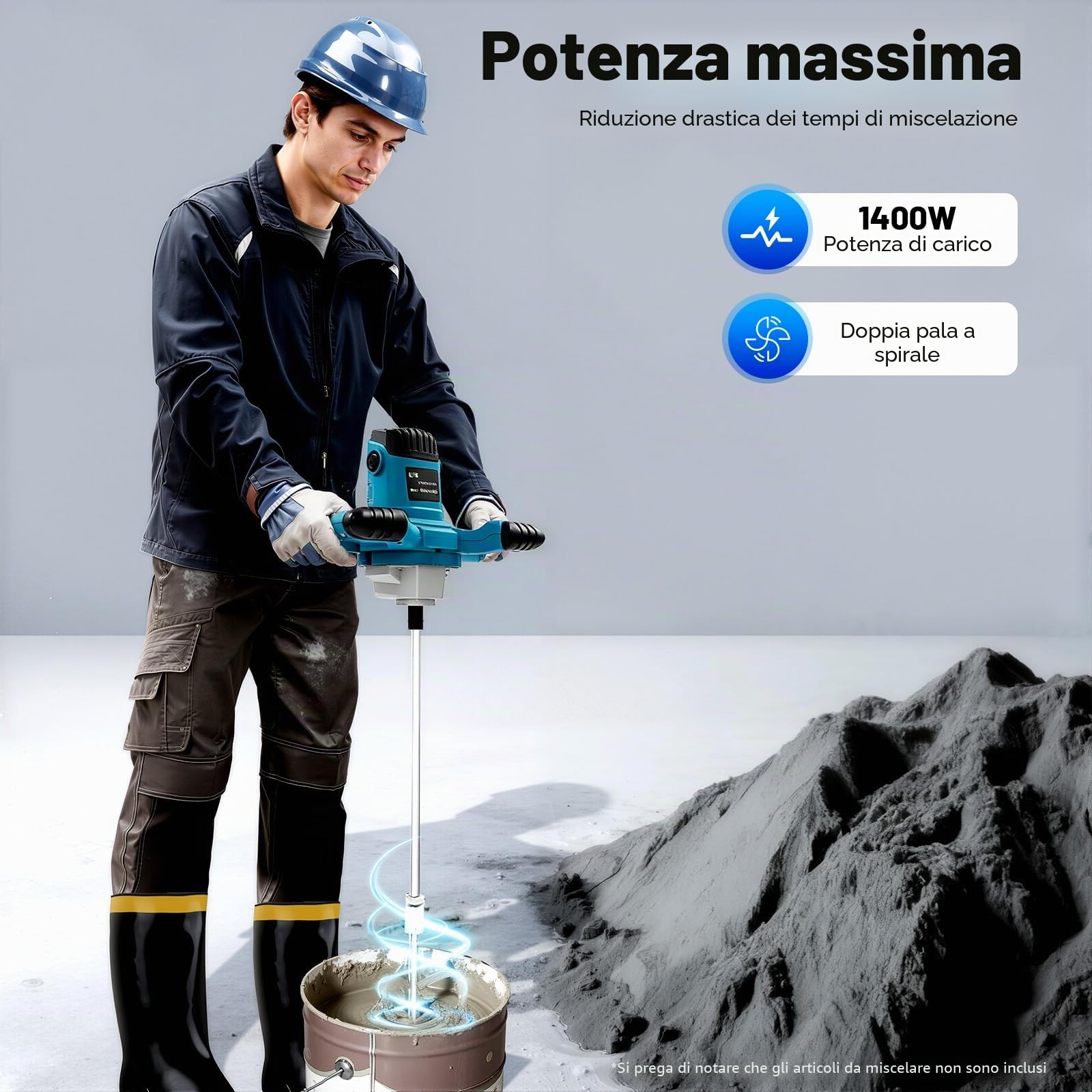 Miscelatore elettrico per malta da 1400 W con regolazione a 6 marce, agitatore manuale da 1200 giri/min con doppia pagaia e impugnatura antiscivolo, miscelatore per malta a secco per vernice, intonaco