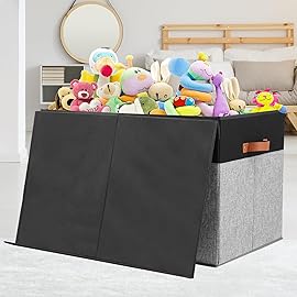 Large Toy Storage Box with Lid, Sturdy Toys Storage Chest Bin Organizer Basket with Dividers for Kids, Boys, Girls, Nursery, Closet, Bedroom, Playroom 26x17 x17 (Black and Grey)