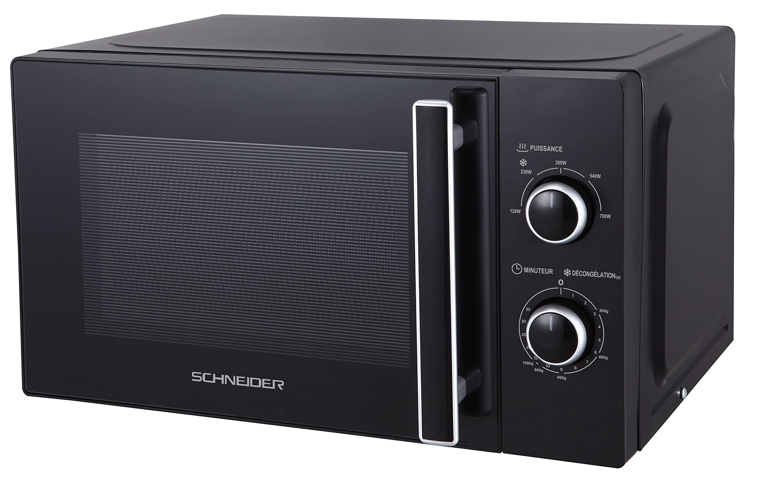 Schneider Mikrowelle, 20 L, 700 W, Mechanische Steuerung, 5 Leistungsstufen, 25,5 cm Drehteller, Schwarz
