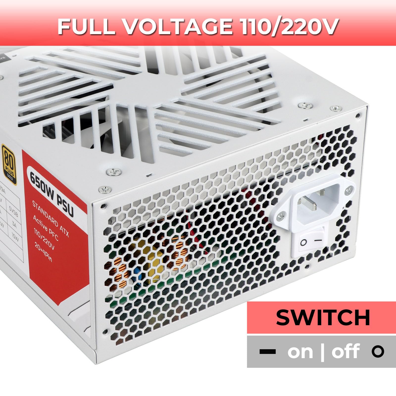 Zasilacz 650 W Standardowy ATX PC PSU 80 Plus Złoty Niemodułowy Pełne Napięcie 110-240 V Aktywny PFC z 20+4-pinowym kablem zasilania płyty głównej do serwera gier stacjonarnych biały