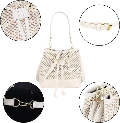 Vista 6 de Van Caro - Bolso de hombro de paja de algodón tejido a mano, borla de ganchillo, bolso bohemio para la playa para mujer