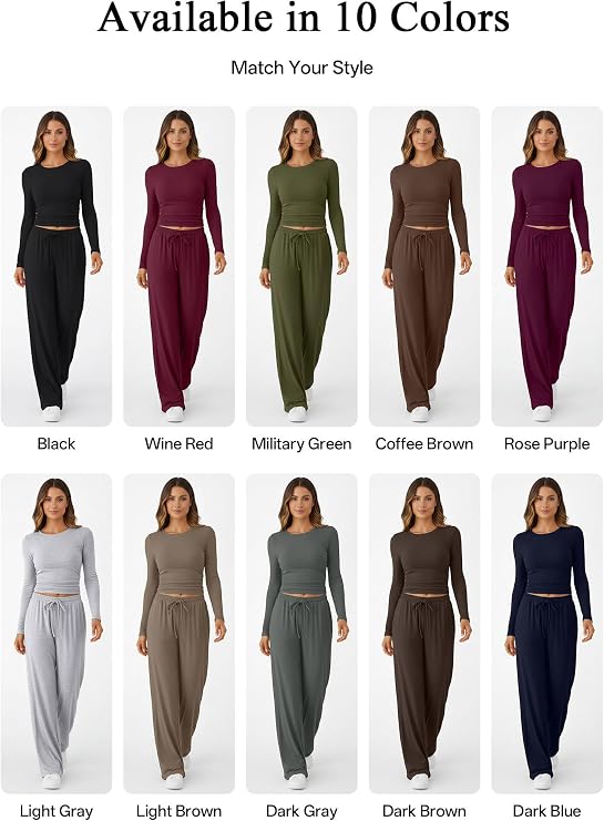 Women’s Coordinated 2 Piece Outfit Set - Long Sleeve Top and Wide Leg Pants Soft Matching Lounge Set