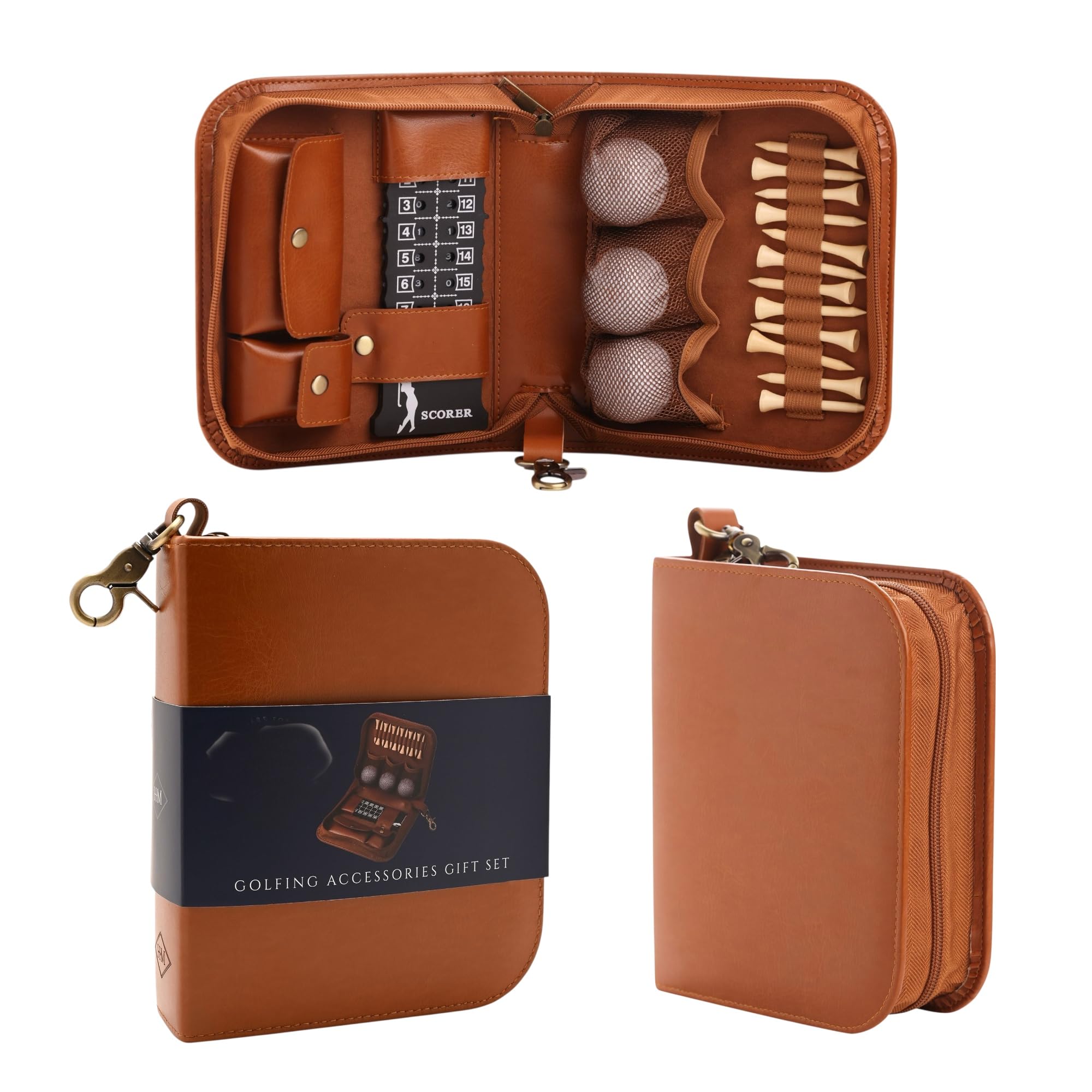 Rutherfords Gifts Personalised Premium Golf Accessories Gift Set, Brown Leather Case with Golf Balls, Wooden Tees, Scorecard Holder, Engraved Golfing Gift For Him Or Her