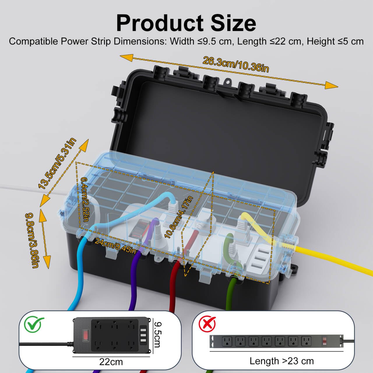 IP65 Outdoor Electrical Box, Weatherproof Extension Cord Box for Indoor & Outdoor Use, Protects Outlets & Power Bar (≤8.66×3.74 in), Inter Size: 9.45×4.17×2.52 in (Black-M) - 4