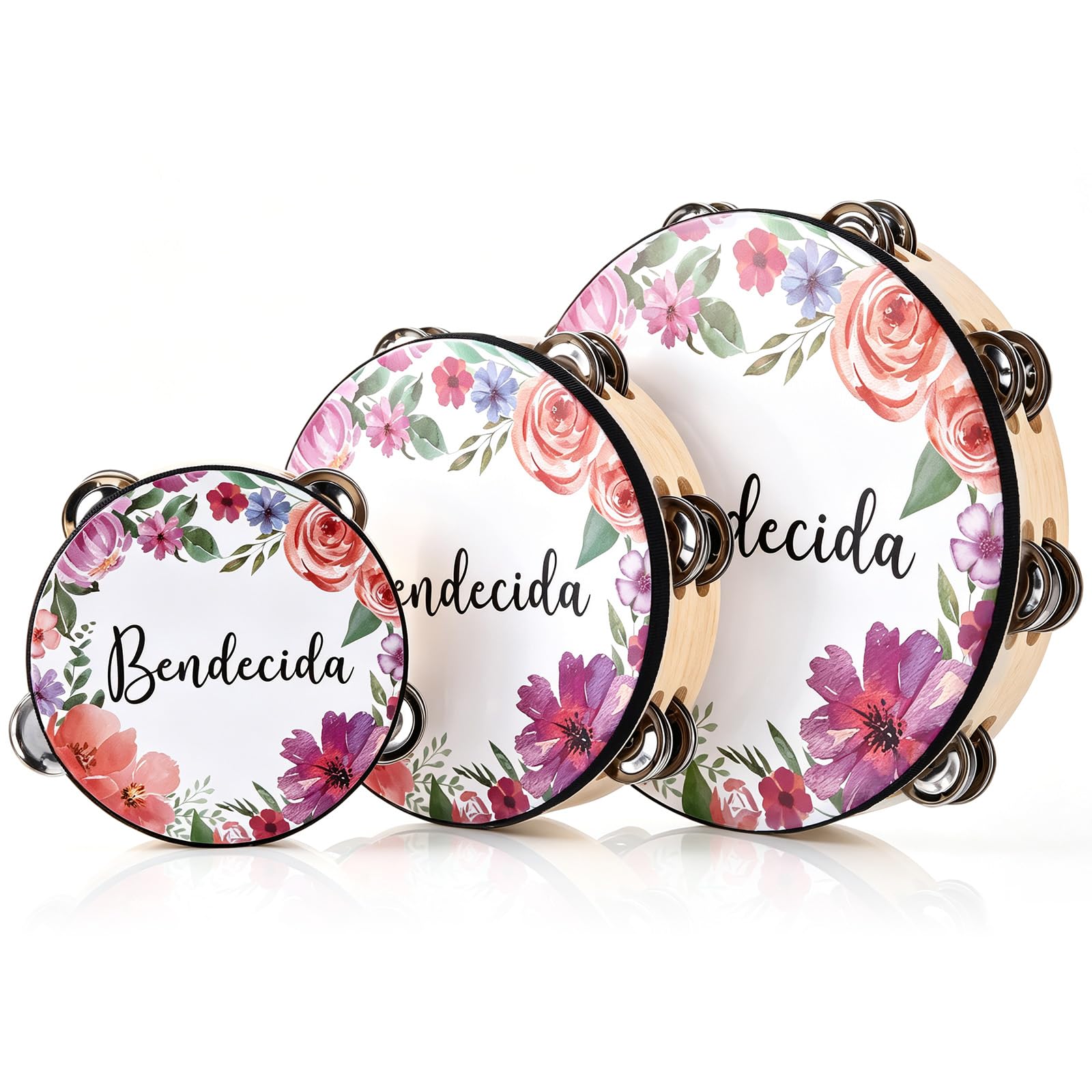 Lot de 3 tambourins espagnols bénis pour adultes d'église - Tambourin de danse chrétienne - 15,2 cm, 20,3 cm, 25,4 cm - Double rangée de jingles de la Bible - Tambourin pour chorale d'église