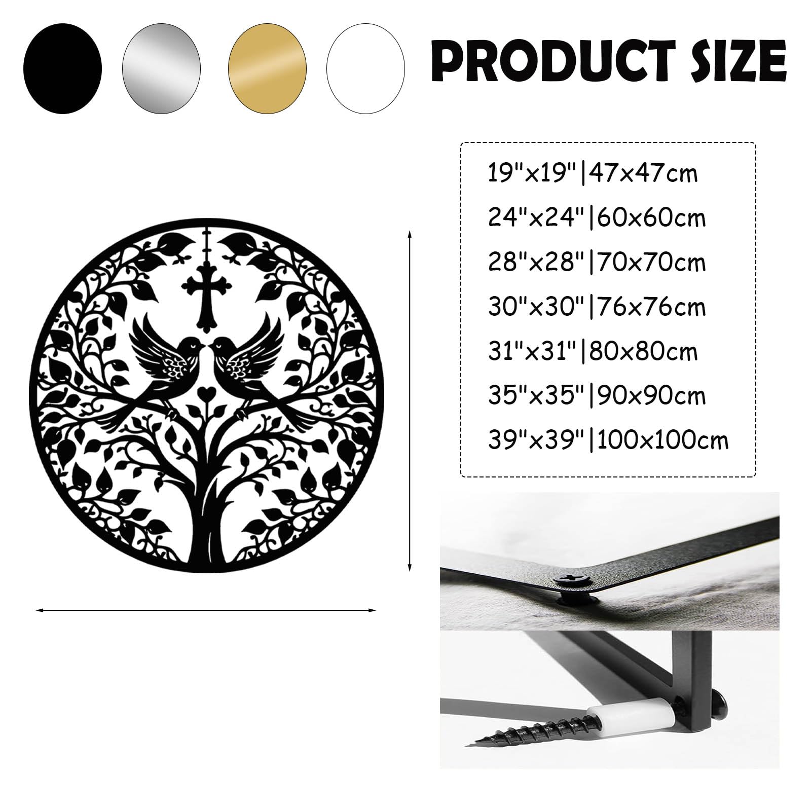 Nowoczesna minimalistyczna metalowa dekoracja ścienna drzewo życia, chrześcijański krzyż sztuka z ptakami, gałęzie Jezusa, wisiorek (srebrny, 60 x 60 cm)