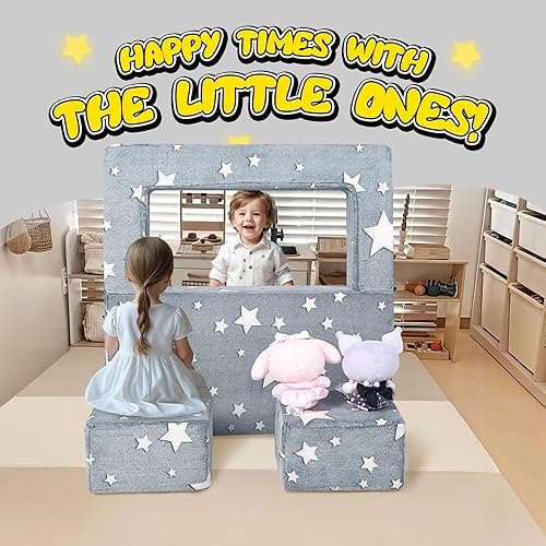 Miniatura 28 de MeMoreCool Sofá modular para niños, sofá convertible suave para niños, silla de espuma de felpa plegable gris para diversión en la sala de juegos de