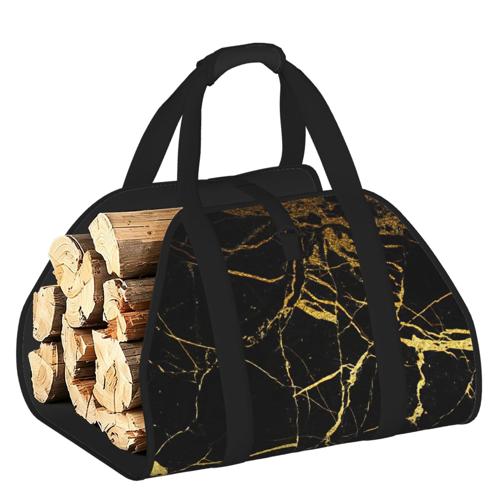 Ayyqwe Black Marble Print Firewood Bag Wood Waterproof Versatile Camping Picnic Storage Daily Home