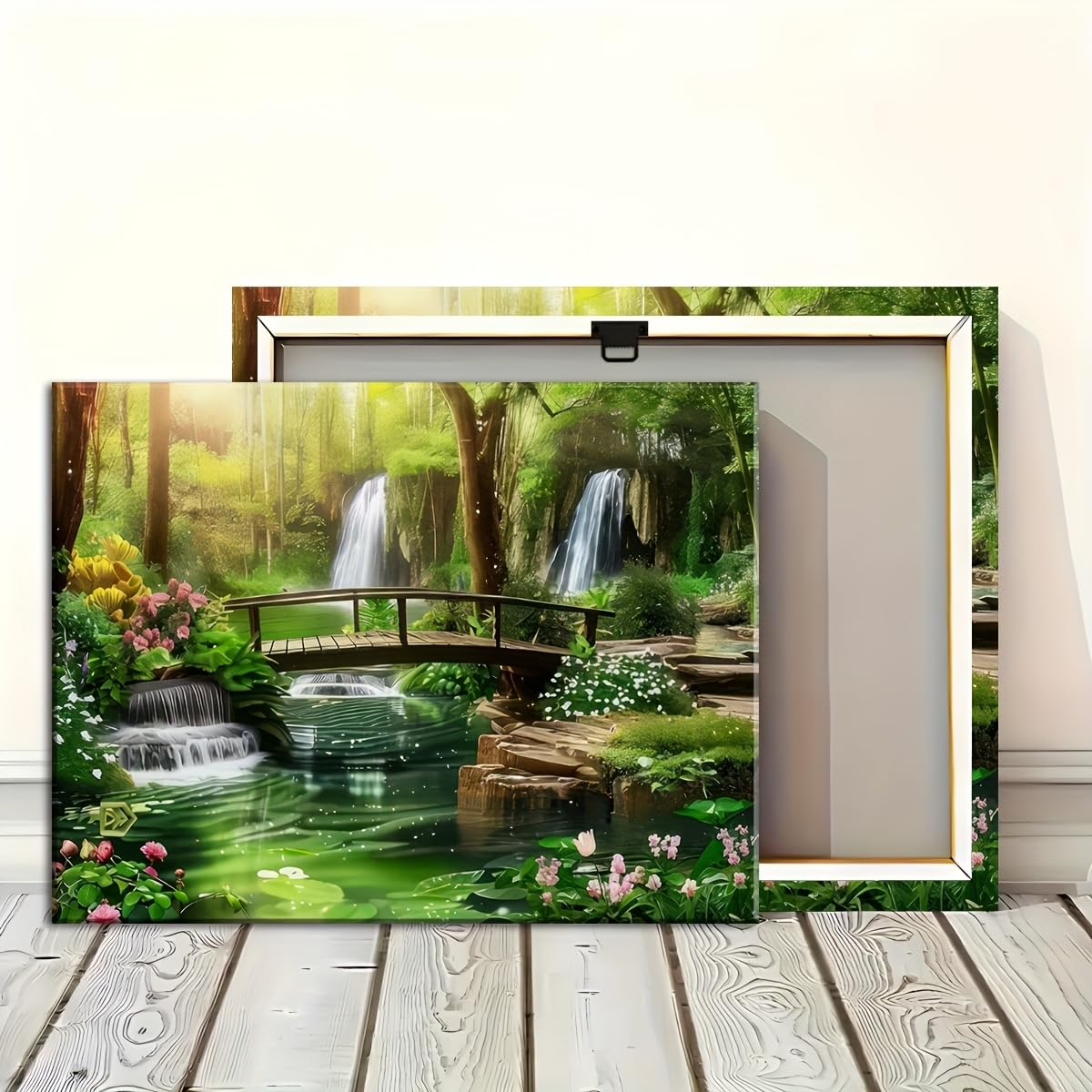 Ukixom Inner Frame Canvas Painting - Serene Forest Landscape With Waterfall Bridge Wildflowers For Living Room Bedroom Office Decor Canvas Print(40X60cm(16X24in)/Innerframe)