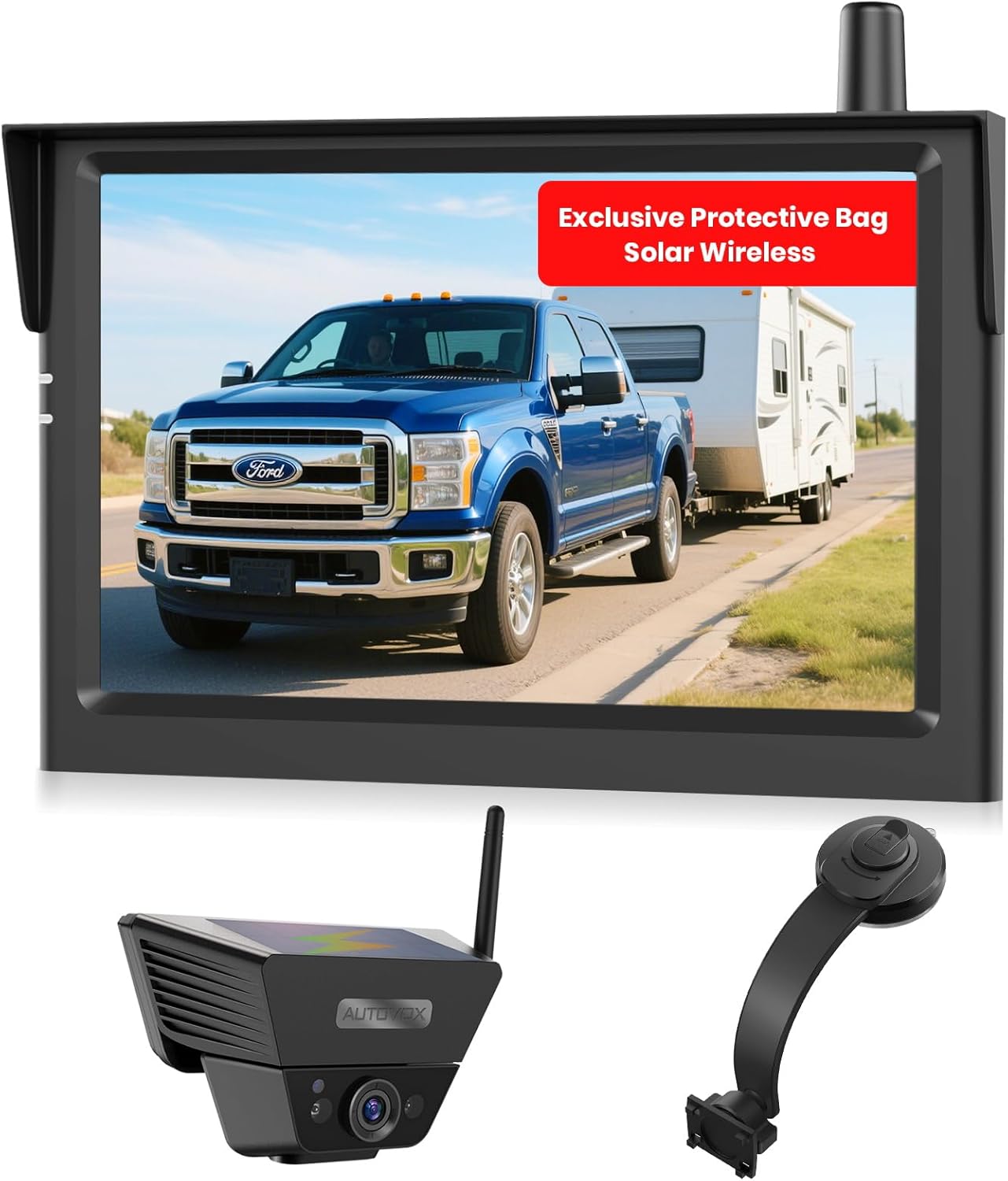 AUTO-VOX Wireless Backup Camera Kit: 5" Monitor, Solar 5A Cams, Suction Cup Mount – Stick It on The Wall, Window, Dash or Table for Flexible RV & Campsite Monitoring