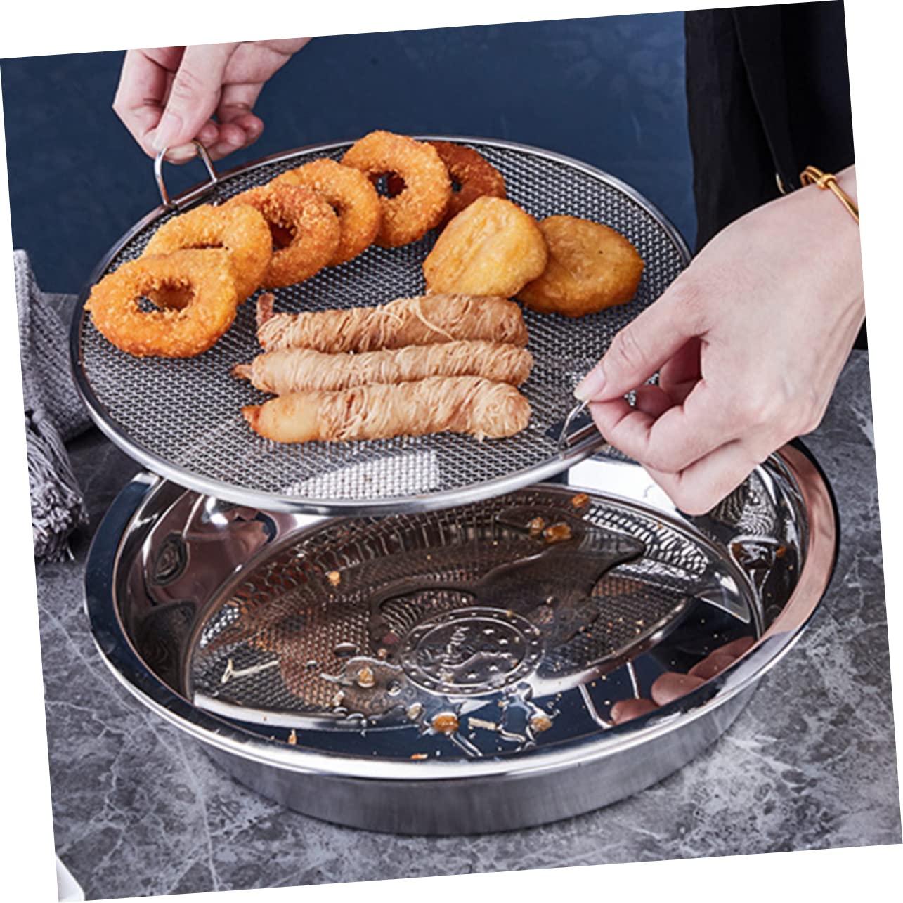 Rejilla De Drenaje De Aceite De Acero Inoxidable 10.43X10.43 Pulgadas Con Bandeja Escurridor Cocina Para Frutas Verduras Fritos