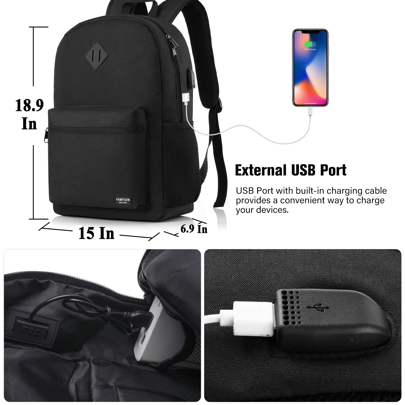Yamtion 17,3-Zoll Schulrucksack - Männer/Frauen, Jungen/Mädchen, Uni/Office - Dettaglio