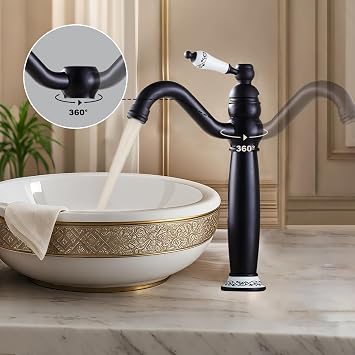 Bathroom Sink Tap, Single Handle Hole Bathroom Faucet with Ceramic Handle, Vintage Elegant Brass Faucet with 360 Rotate Spout (Black) YIGUANXIN